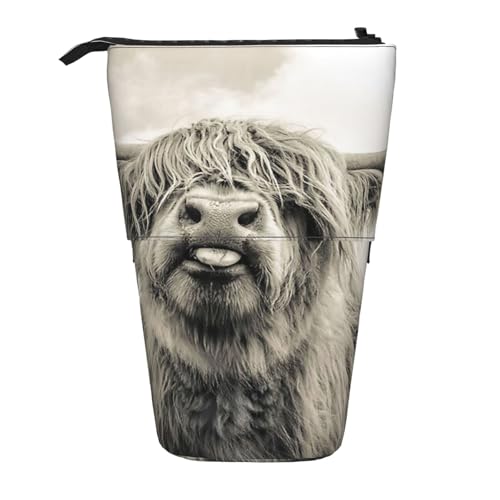 Tcoay Lustige Highland-Kuh, stehender Stiftehalter, Schreibwarentasche, Bleistifttasche, Organizer, Teleskop-Federmäppchen von Tcoay