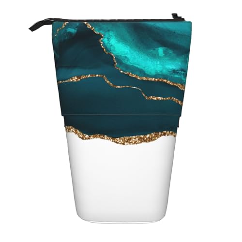 Tcoay Moderner, stilvoller blaugrüner Gold-Achat auf Weiß, stehender Stiftehalter, Schreibwarentasche, Stiftetasche, Organizer, Teleskop-Stifteetui von Tcoay