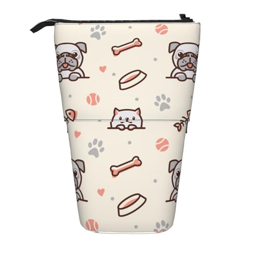 Tcoay Mops, Hund und Katze mit Knochen, stehender Stifthalter, Schreibwarentasche, Stiftetasche, Organizer, Teleskop-Stifteetui von Tcoay