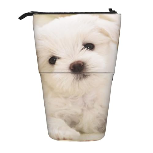 Tcoay Niedlicher Malteser-Welpe, stehender Stiftehalter, Schreibwarentasche, Bleistiftbeutel, Organizer, Teleskop-Federmäppchen von Tcoay