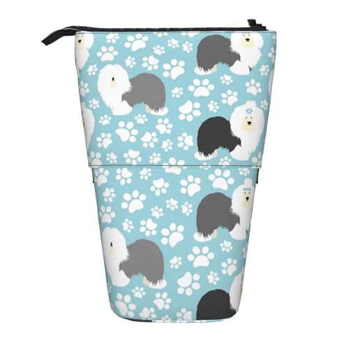 Tcoay Old English Sheepdog-Hintergrund mit handgezeichneten Pfoten, niedlicher Cartoon, stehender Stiftehalter, Schreibwarentasche, Stiftetasche, Organizer, Teleskop-Federmäppchen von Tcoay