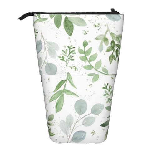 Tcoay Salbeigrüne Blätter, stehender Stiftehalter, Schreibwarentasche, Stiftetasche, Organizer, Teleskop-Stifteetui von Tcoay