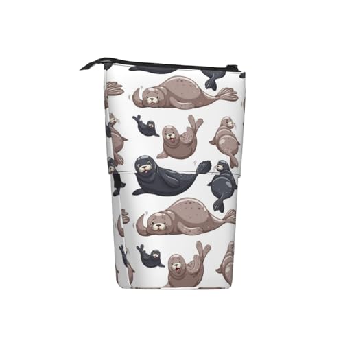 Tcoay Seehund-Illustration, Seelöwe, stehender Stifthalter, Schreibwarentasche, Bleistifttasche, Organizer, Teleskop-Federmäppchen von Tcoay