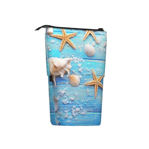 Tcoay Seestern-Muscheln-Netz, Holzhintergrund, stehender Stifthalter, Schreibwarentasche, Stiftetasche, Organizer, Teleskop-Federmäppchen von Tcoay