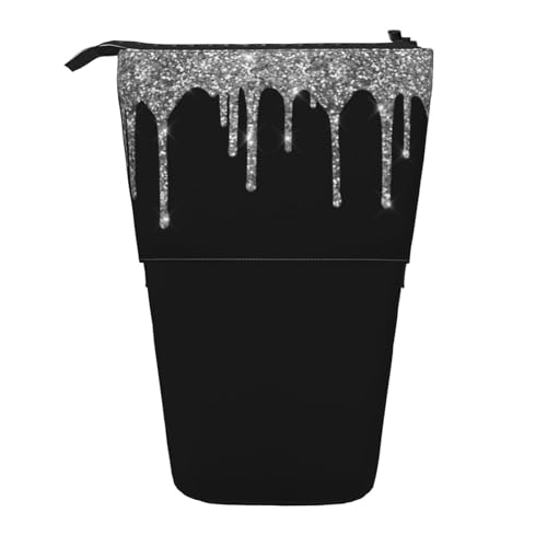 Tcoay Silberne Glitzertropfen, funkelnd, schwarz, stehender Stifthalter, Schreibwarentasche, Stiftetasche, Organizer, Teleskop-Federmäppchen von Tcoay