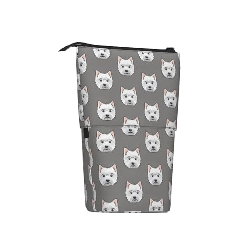 Tcoay Westie West Highland White Terrier Hunde auf Grau, stehender Stiftehalter, Schreibwarentasche, Stiftetasche, Organizer, Teleskop-Federmäppchen von Tcoay