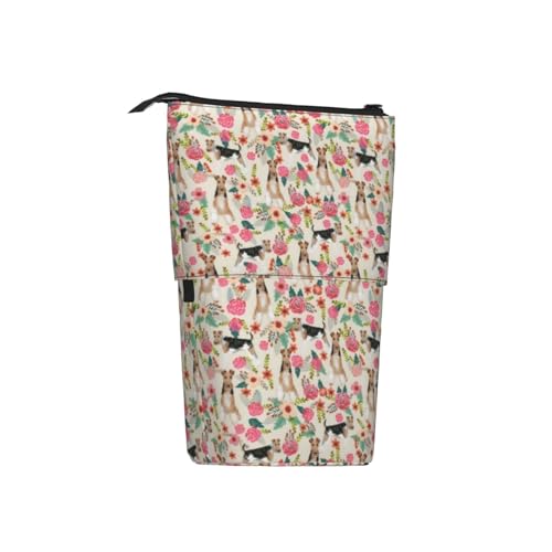Tcoay Wire Fox Terrier Dogs Ostern Blume Blumenmuster, Stehender Stiftehalter Schreibwarentasche Bleistiftbeutel Organizer Teleskop-Federmäppchen von Tcoay