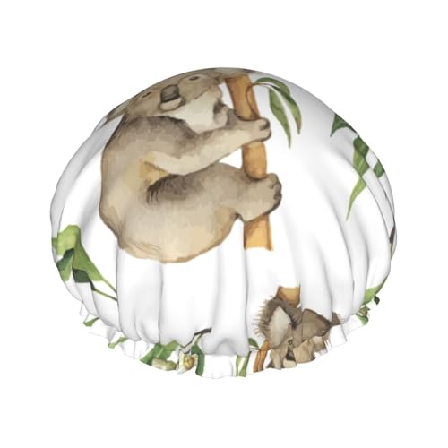 Wasserdichte Duschhaube mit Gummiband, doppellagige, wiederverwendbare Duschhaube für Damen,Animal Foundation Nature FoundationEukalyptusblätter und Koala isoliert auf weiß von Tcoay