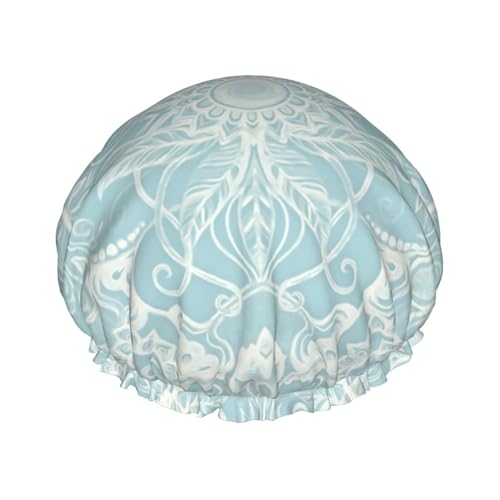 Wasserdichte Duschhaube mit Gummiband, doppellagige, wiederverwendbare Duschhaube für Damen,Blumenmuster in Enteneiblau und Creme von Tcoay