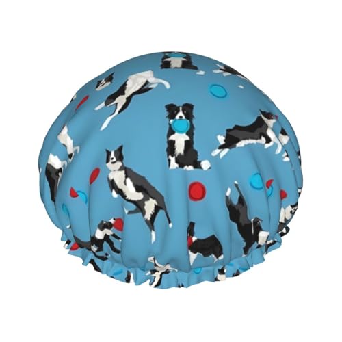 Wasserdichte Duschhaube mit Gummiband, doppellagige, wiederverwendbare Duschhaube für Damen,Border Collie Disc Hund Agility Hund Border Collie Schwarz Und Weiß Border Blau von Tcoay