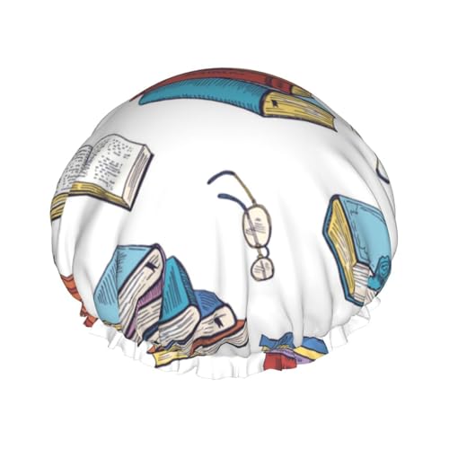 Wasserdichte Duschhaube mit Gummiband, doppellagige, wiederverwendbare Duschhaube für Damen,Bücher aus der Bibliothek Doodle von Tcoay