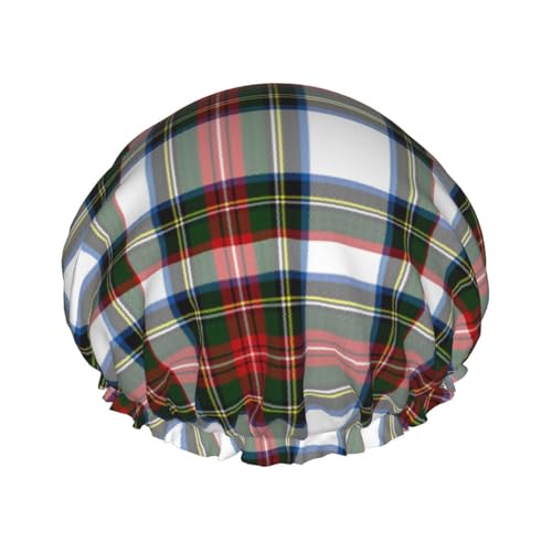 Wasserdichte Duschhaube mit Gummiband, doppellagige, wiederverwendbare Duschhaube für Damen,Buntes Stewart-Kleid im Tartan-Karo von Tcoay