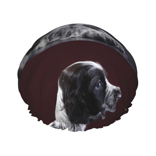 Wasserdichte Duschhaube mit Gummiband, doppellagige, wiederverwendbare Duschhaube für Damen,Cocker Spaniel Welpe Schwarz-Weiß-Spaniel von Tcoay