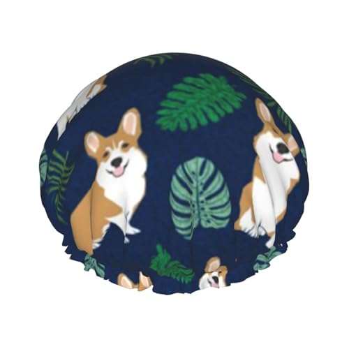 Wasserdichte Duschhaube mit Gummiband, doppellagige, wiederverwendbare Duschhaube für Damen,Corgi Tropische Hunderasse Haustier Corgis Navy von Tcoay