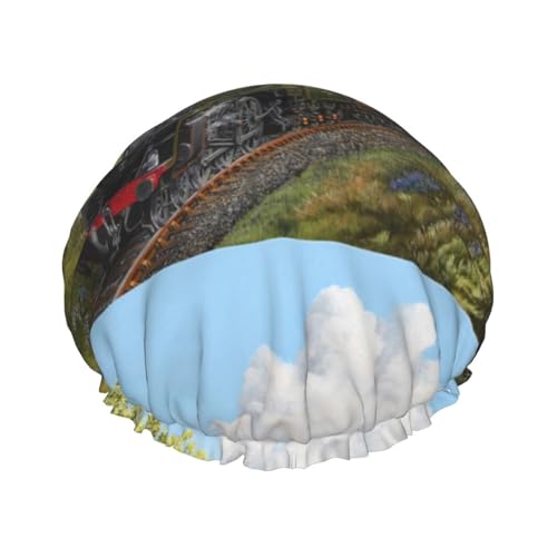 Wasserdichte Duschhaube mit Gummiband, doppellagige, wiederverwendbare Duschhaube für Damen,Dampfzug und Eisenbahn von Tcoay