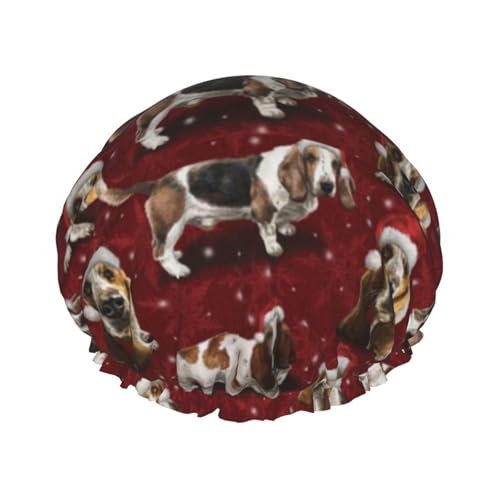 Wasserdichte Duschhaube mit Gummiband, doppellagige, wiederverwendbare Duschhaube für Damen,Der Weihnachts-Basset Hound von Tcoay