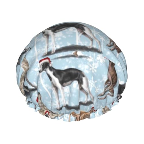 Wasserdichte Duschhaube mit Gummiband, doppellagige, wiederverwendbare Duschhaube für Damen,Der Weihnachts-Whippet von Tcoay
