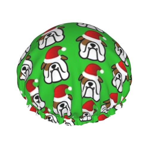 Wasserdichte Duschhaube mit Gummiband, doppellagige, wiederverwendbare Duschhaube für Damen,Englische Bulldogge Weihnachtsmann Weihnachten von Tcoay