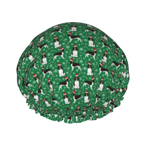 Wasserdichte Duschhaube mit Gummiband, doppellagige, wiederverwendbare Duschhaube für Damen,English Springer Spaniel Weihnachtsmann Weihnachten von Tcoay