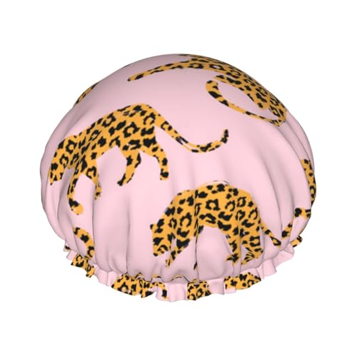 Wasserdichte Duschhaube mit Gummiband, doppellagige, wiederverwendbare Duschhaube für Damen,Exotische Silhouetten Leoparden Druck von Tcoay