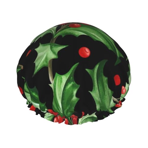 Wasserdichte Duschhaube mit Gummiband, doppellagige, wiederverwendbare Duschhaube für Damen,Frohe Weihnachten Holly von Tcoay