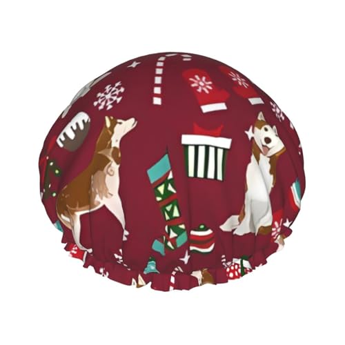 Wasserdichte Duschhaube mit Gummiband, doppellagige, wiederverwendbare Duschhaube für Damen,Husky Zuckerstangen Strümpfe Urlaub Hund Ruby von Tcoay