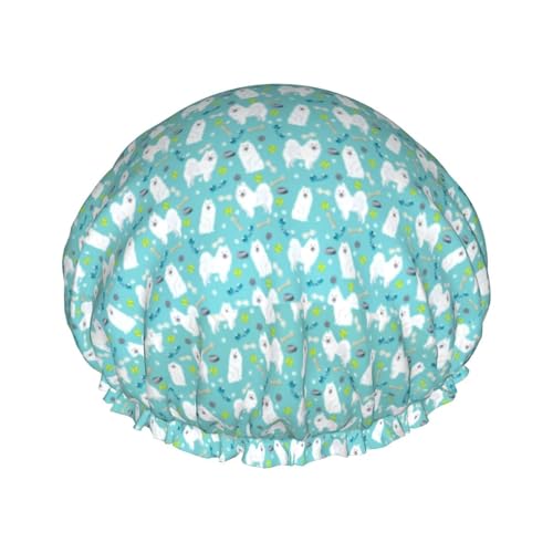 Wasserdichte Duschhaube mit Gummiband, doppellagige, wiederverwendbare Duschhaube für Damen,Japanischer Spitz von Tcoay