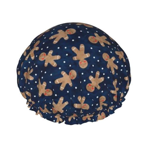 Wasserdichte Duschhaube mit Gummiband, doppellagige, wiederverwendbare Duschhaube für Damen,Lebkuchenmann Toss On Navy Niedliche Aquarell Weihnachten von Tcoay