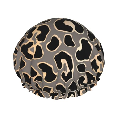 Wasserdichte Duschhaube mit Gummiband, doppellagige, wiederverwendbare Duschhaube für Damen,Leoparden-Nahtloses Musterdesign In Luxusgold von Tcoay
