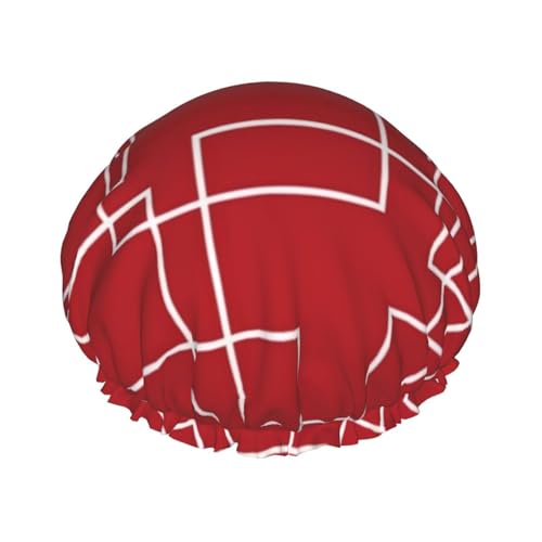 Wasserdichte Duschhaube mit Gummiband, doppellagige, wiederverwendbare Duschhaube für Damen,Modernes Rot und Weiß Geometrische von Tcoay