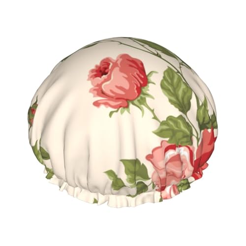 Wasserdichte Duschhaube mit Gummiband, doppellagige, wiederverwendbare Duschhaube für Damen,Retro Blumen bedruckt von Tcoay