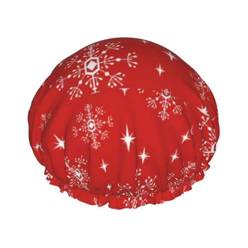 Wasserdichte Duschhaube mit Gummiband, doppellagige, wiederverwendbare Duschhaube für Damen,Schneeflocken Rot Weihnachten Urlaub Xmas Schnee Winter von Tcoay