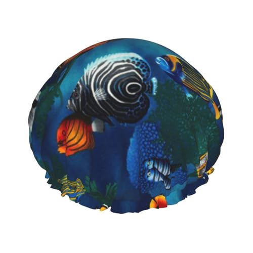 Wasserdichte Duschhaube mit Gummiband, doppellagige, wiederverwendbare Duschhaube für Damen,Tropische Meeresfische von Tcoay