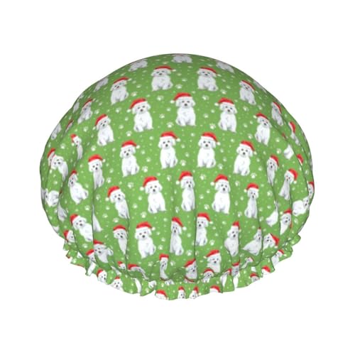 Wasserdichte Duschhaube mit Gummiband, doppellagige, wiederverwendbare Duschhaube für Damen,Weihnachten Malteser Hunde auf Farngrün Medium Scale von Tcoay