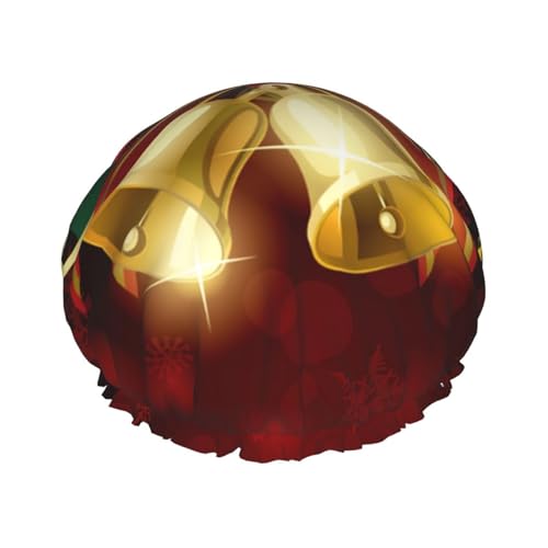 Wasserdichte Duschhaube mit Gummiband, doppellagige, wiederverwendbare Duschhaube für Damen,Weihnachten Rotes Band Goldglocken von Tcoay