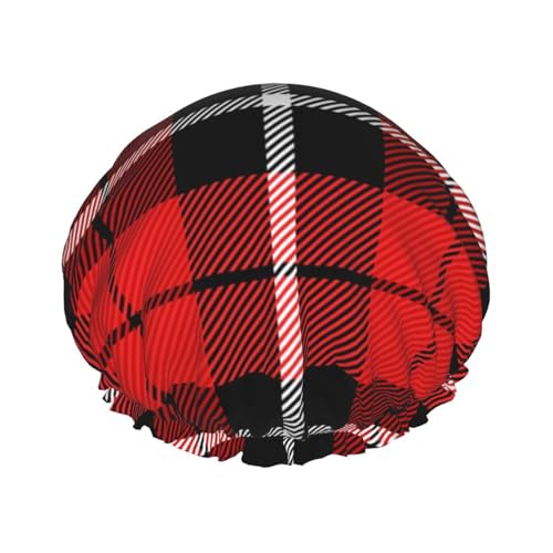 Wasserdichte Duschhaube mit Gummiband, doppellagige, wiederverwendbare Duschhaube für Damen,Weihnachten Tartan Rot Plaid von Tcoay