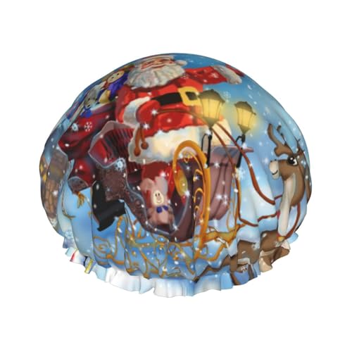 Wasserdichte Duschhaube mit Gummiband, doppellagige, wiederverwendbare Duschhaube für Damen,Weihnachten Weihnachtsmann Rentier von Tcoay