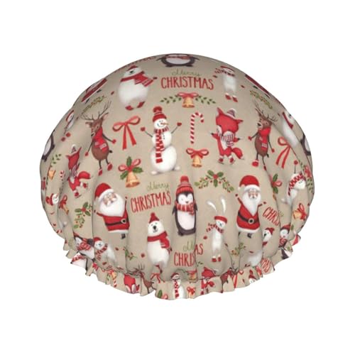 Wasserdichte Duschhaube mit Gummiband, doppellagige, wiederverwendbare Duschhaube für Damen,Weihnachts-Cartoon-Weihnachtsmänner von Tcoay