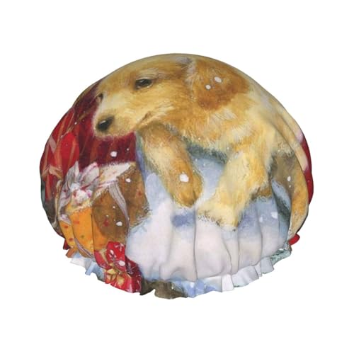 Wasserdichte Duschhaube mit Gummiband, doppellagige, wiederverwendbare Duschhaube für Damen,Weihnachts-Golden Retriever von Tcoay