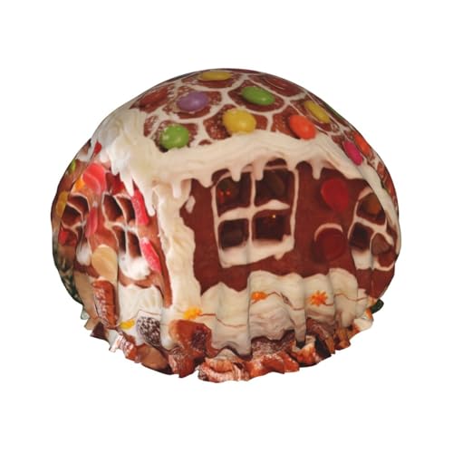 Wasserdichte Duschhaube mit Gummiband, doppellagige, wiederverwendbare Duschhaube für Damen,Weihnachts-Lebkuchenhaus im Dorfstil bedruckt von Tcoay