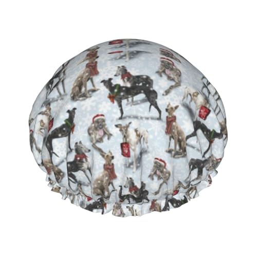 Wasserdichte Duschhaube mit Gummiband, doppellagige, wiederverwendbare Duschhaube für Damen,Weihnachts-Windhunde von Tcoay