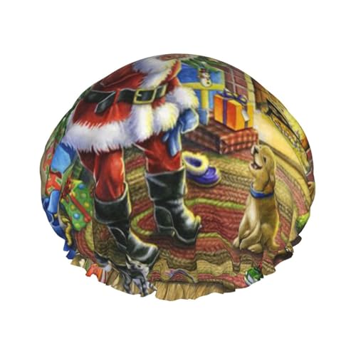 Wasserdichte Duschhaube mit Gummiband, doppellagige, wiederverwendbare Duschhaube für Damen,Weihnachtsmann von Tcoay