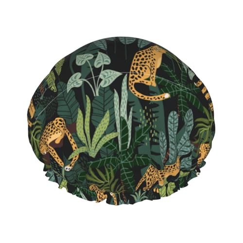 Wasserdichte Duschhaube mit Gummiband, doppellagige, wiederverwendbare Duschhaube für Damen,Weste mit Leoparden- und Tropenblattmuster von Tcoay