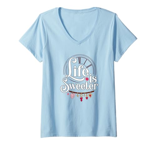 Damen Life is Sweeter Motivationszitat mit Herz-Anhängern T-Shirt mit V-Ausschnitt von Tcool