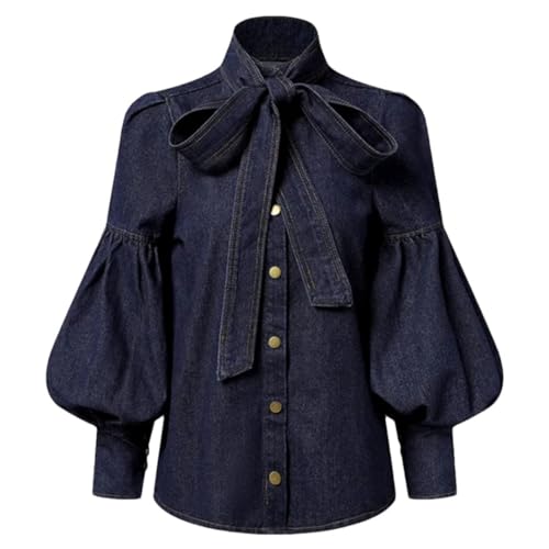 Frauen Fliege Design Imitation Denim Puff Sleeve Shirt Frühling Und Herbst Hohe Kragen Mode Shirt Tops von Tdvcpmkk
