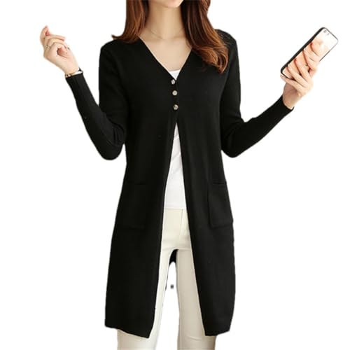 Kaschmir Longpullover Damen Strickjacke Damen Strickpullover Langarm Casual V-Ausschnitt Cardigan Damen Top, Schwarz, Groß von Tdvcpmkk