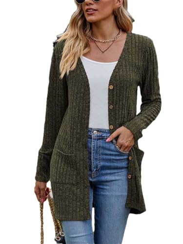 Lange Strickjacke Damen Knopf Cardigan Damen V Ausschnitt Strickpullover Cardigan Lang, Army En8, Mittel von Tdvcpmkk