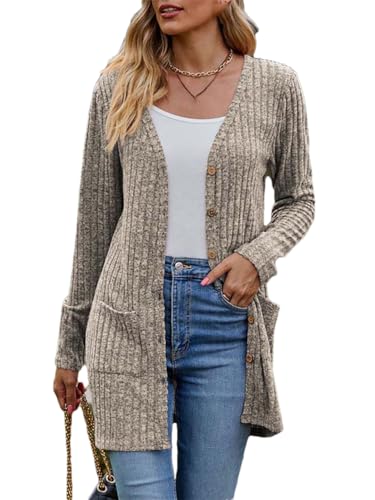 Lange Strickjacke Damen Knopf Cardigan Damen V Ausschnitt Strickpullover Cardigan Lang, Khaki, Groß von Tdvcpmkk