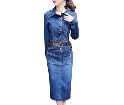 Tdvcpmkk Damen Jeanskleid Frühling und Herbst Slim Langarm über dem Knie Langer Rock Jeanskleid, blau, 40 von Tdvcpmkk
