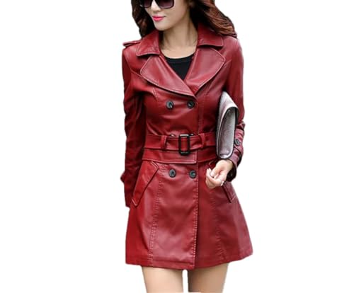 Tdvcpmkk Damen Lange Lederjacke Slim Fit Schleife Gürtel Motorrad PU Jacke Damen Windjacke Lederjacke Damen von Tdvcpmkk